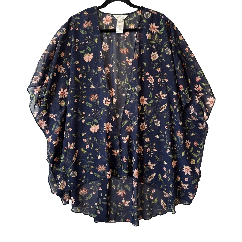 Market & Spruce Navy Floral Sheer Kimono Cardigan